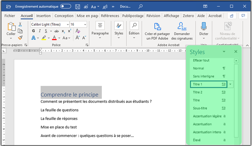Le menu des Styles