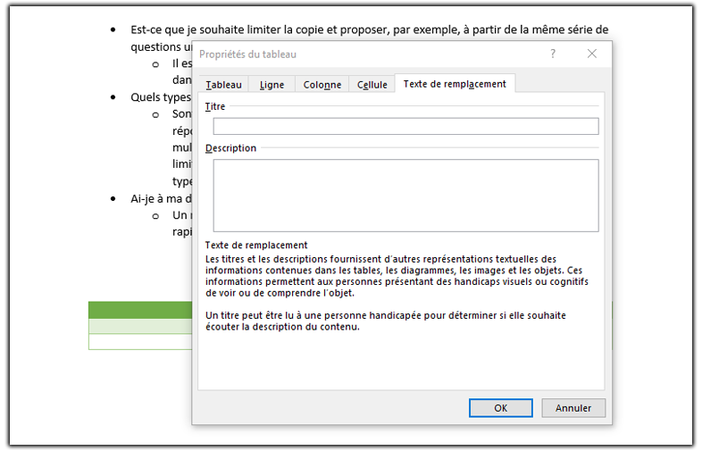 Ecran des propriétés du tableau